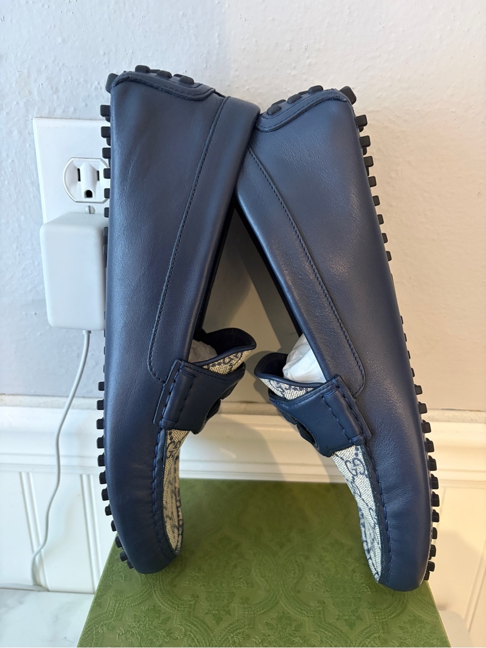 Gucci Navy Blue GG Canvas Leather Drivers - Picture 5 of 6
